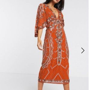 ASOS DESIGN midi dress with kimono sleeve and embellished cape